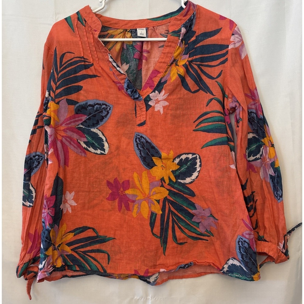 Old Navy Linen Blend Coral Pleated Floral Print V-neck Long‎ Sleeve Tropical S